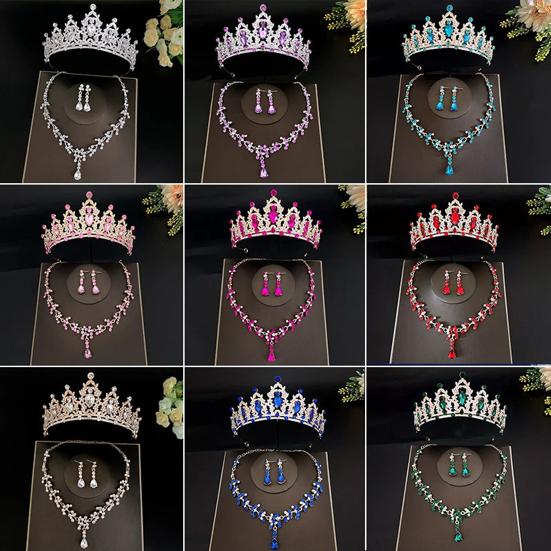 3 pièces/ensemble diadème de mariée en cristal et boucles d'oreilles couronne collier ensemble de bijoux pour femmes princesse filles, bijoux diadème de mariage pour la mariée