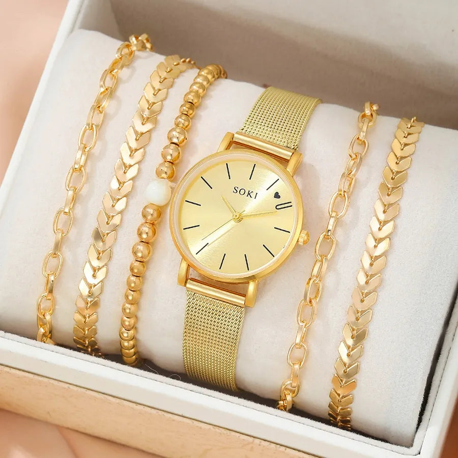 6pc Simple Silver Quartz Watch With Bracelet For Women Casual Fashion Round Simple Silver Watch Dainty Wheat Bracelets Set