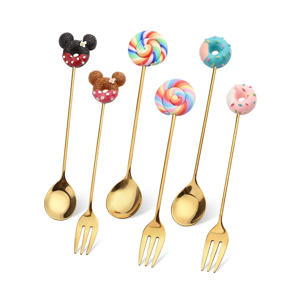 1Pcs Mini Stainless Steel Cute Doughnut Spoon Fork Cake Coffee Dessert Ice Cream Stirring Spoons Candy Cartoon Children Teaspoon