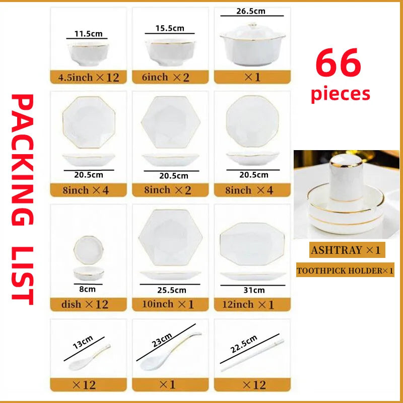 66 Pcs European Luxury Tableware Set Bone China Bowl Spoon And Chopsticks Set Table Plates Kitchen Dishes Kitchen Accessories