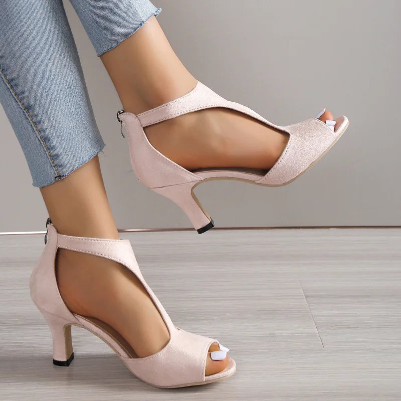 2023 Summer New Brushed Leather Fish Mouth Sandals Women's Back Zipper Sexy Solid Color Comfortable High Heel Single Shoes Women