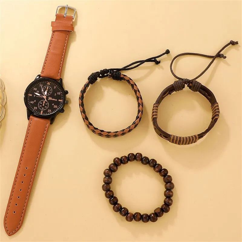 Nuevo reloj para hombre, conjunto de pulsera de lujo, relojes de pulsera de cuarzo de cuero marrón de negocios a la moda para hombre, conjunto de regalo, reloj Masculino