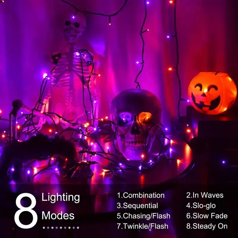 39ft 100LED violet et orange, lumières vertes d'Halloween, guirlandes lumineuses d'Halloween 8 modes lumières extérieures imperméables pour la décoration