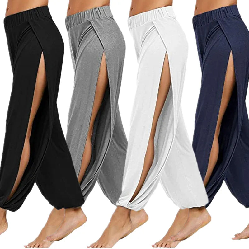 Pantalones de Yoga a la moda para mujer, pantalones Haren de pierna ancha con abertura de cintura alta, mallas de gimnasio, pantalones de entrenamiento huecos sólidos informales, ropa de gimnasio para el hogar