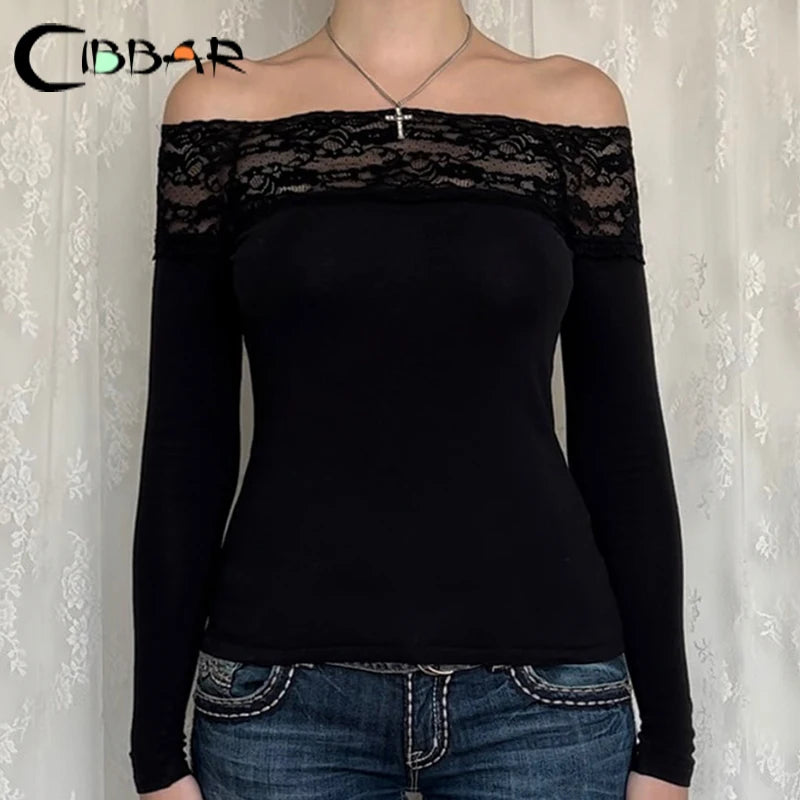 CIBBAR Black Lace Stitched Slash Neck Crop Top Elegant Sexy Skinny Long Sleeve T Shirts for Women Harajuku Y2k Autumn Tees Basic