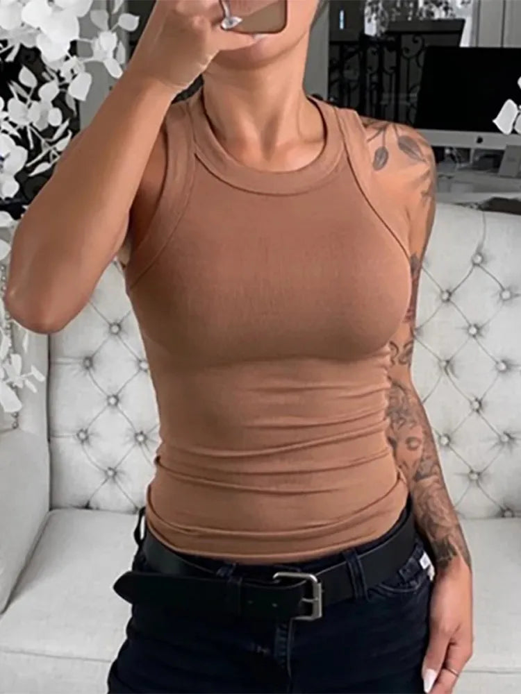 Camiseta sin mangas acanalada con cuello redondo liso para mujer, camisola básica de verano para mujer, camiseta sin mangas elástica con cuello redondo, camiseta sin mangas sólida