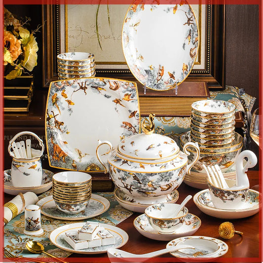 Ensemble de vaisselle complet de 80 pièces Ensembles de vaisselle de luxe en porcelaine d'os Bol à riz Assiette Baguettes Plats de cuisine Ensemble de vaisselle de dîner complet