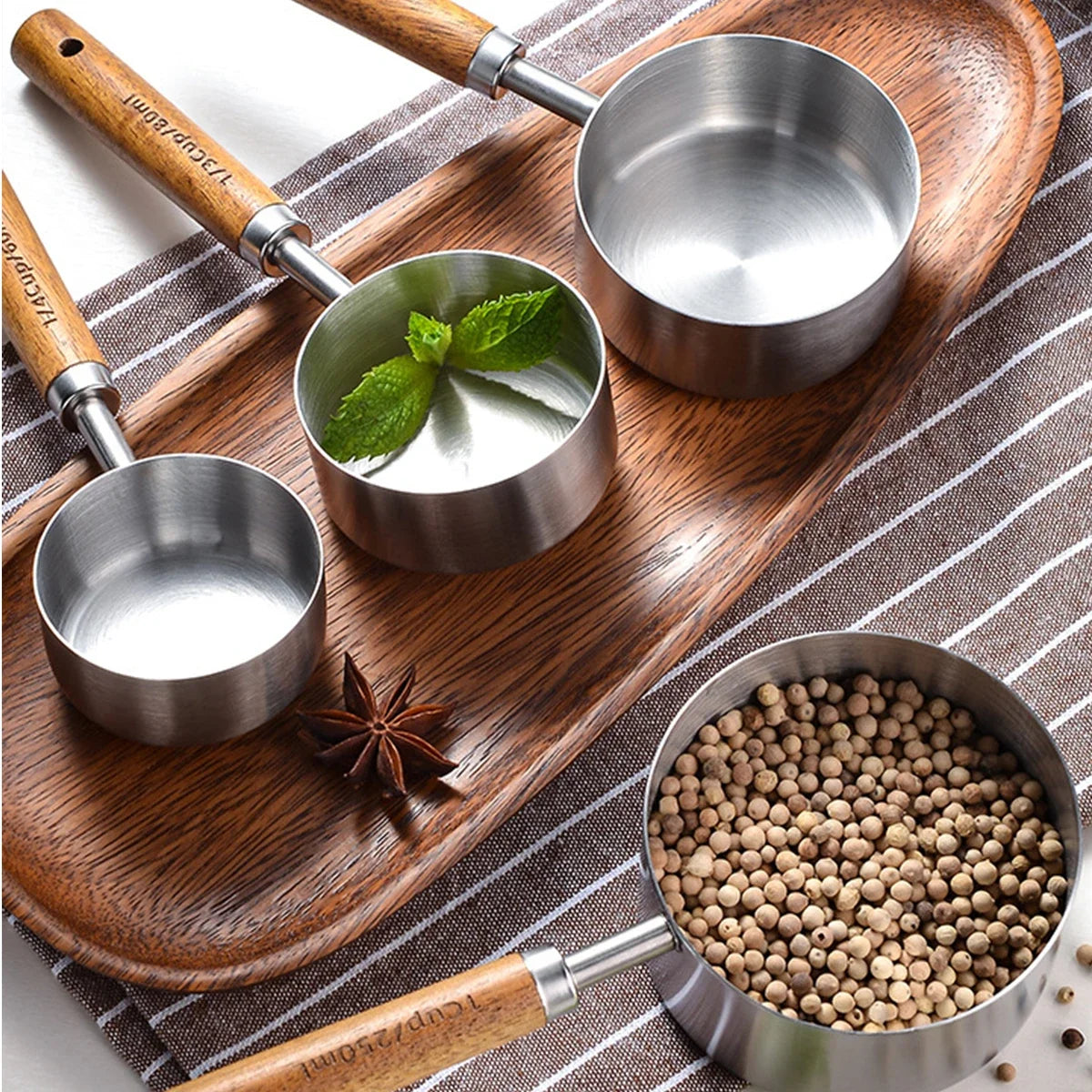 Lot de 8/4 cuillères à mesurer de cuisson avec manche en bois et acier inoxydable, cuillères polyvalentes, accessoires de cuisson, gadgets de cuisine