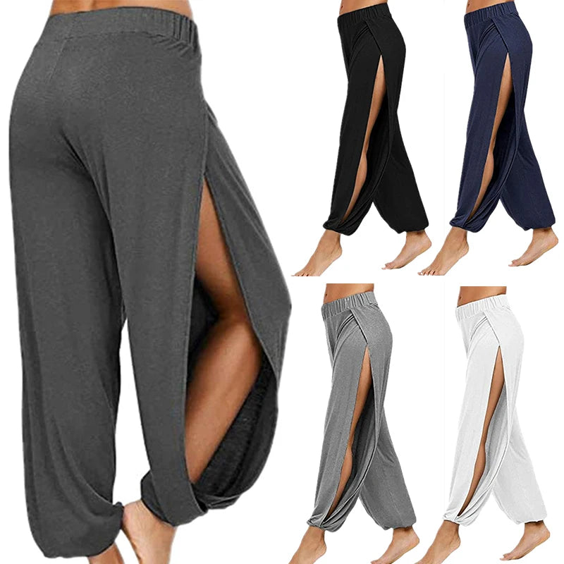 Pantalon de Yoga pour femmes, taille haute, fente large, Haren, Leggings de gymnastique, décontracté, solide, creux, pantalon d'entraînement, vêtements de maison