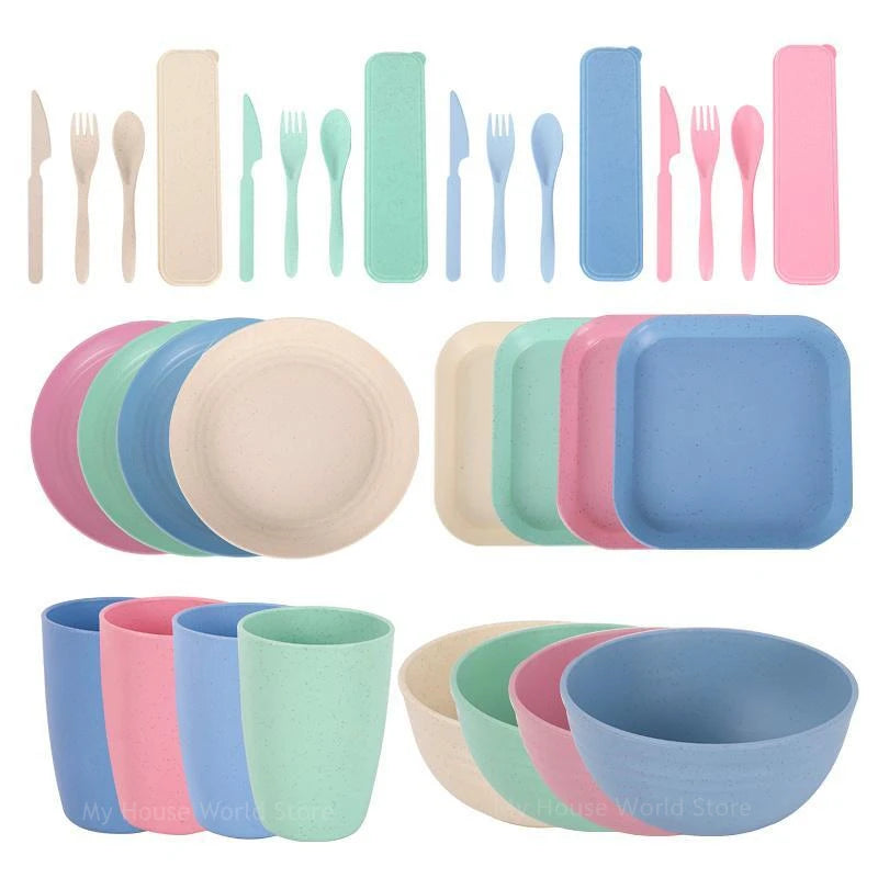 Ensembles de vaisselle en paille de blé, vaisselle incassable, assiettes à dîner réutilisables, assiettes et bols pour enfants, ensembles de vaisselle