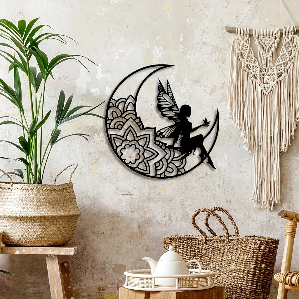 1 plaque en métal représentant une fée de la lune, décoration murale en métal, silhouette creuse en 3D pour chambre, décoration extérieure de la maison, décoration amusante