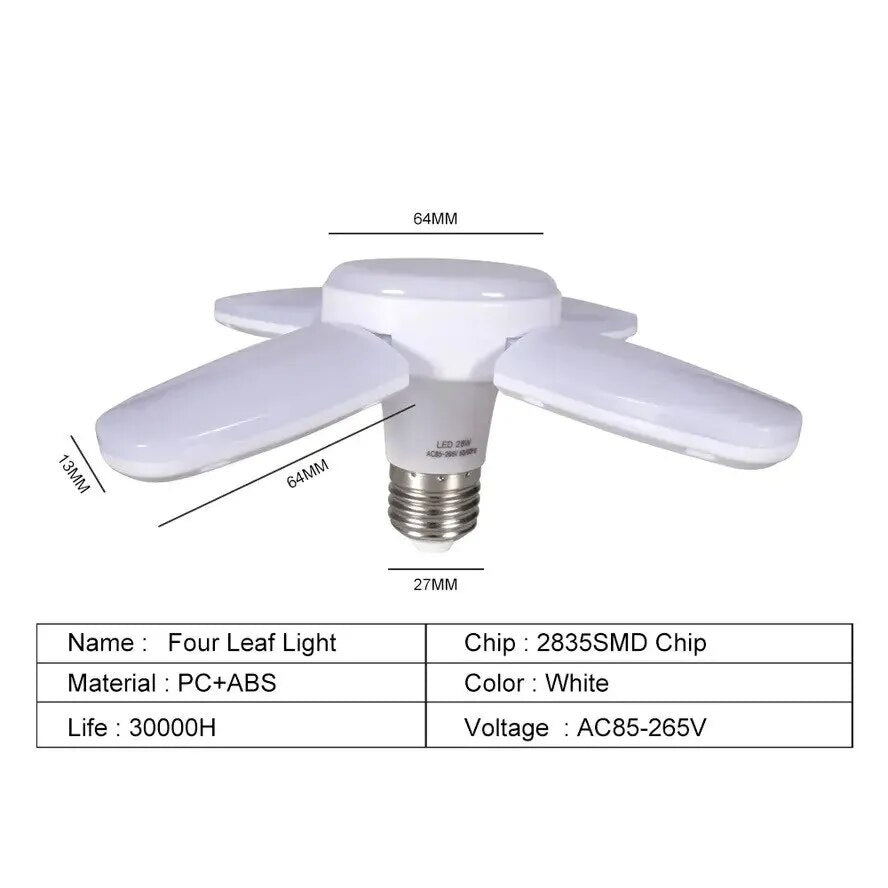 Lámpara LED plegable E27, luz de tres hojas, alto brillo, Mini bombilla plegable Deformable, ventilador de presión ancha de 28W, garaje para taller