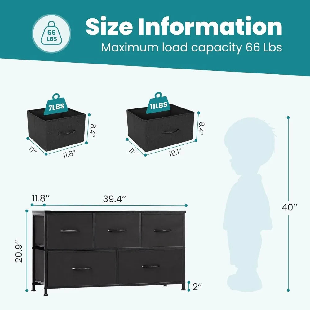 Commode pour chambre à coucher, rangement avec 5 tiroirs, organisateur de placard, petite armoire en tissu pour vêtements, meubles pour enfants