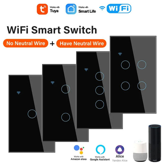 Tuya WiFi US interruptor de luz inteligente cable neutro/No se requiere cable neutro Interruptor táctil de pared tipo 120 funciona con Alexa, Google Home