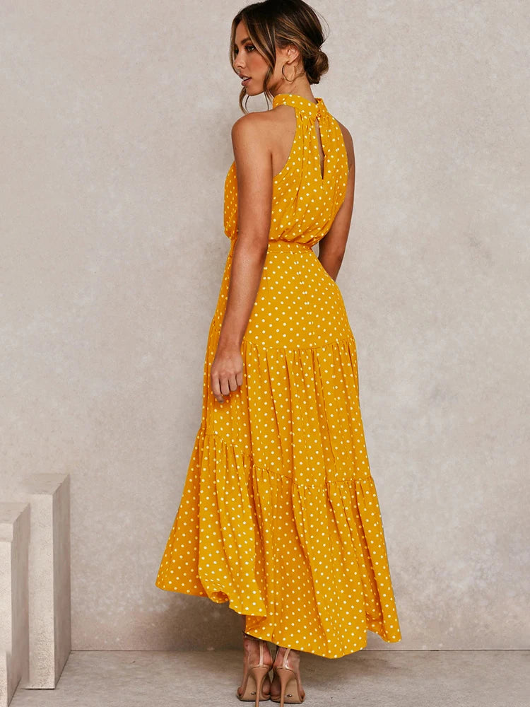 Robe longue d'été à pois, tenue décontractée, noire, Sexy, col licou, sans bretelles, jaune, vêtements de vacances pour femmes, nouvelle collection 2022