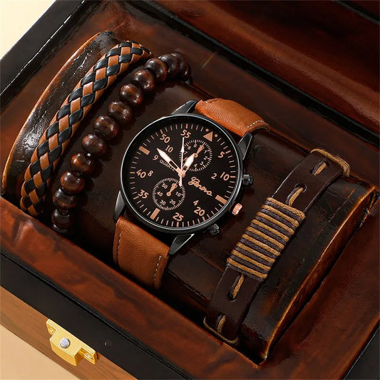 Nouveaux hommes montre de luxe Bracelet ensemble de mode affaires en cuir marron Quartz montres pour hommes coffret cadeau Relogio Masculino