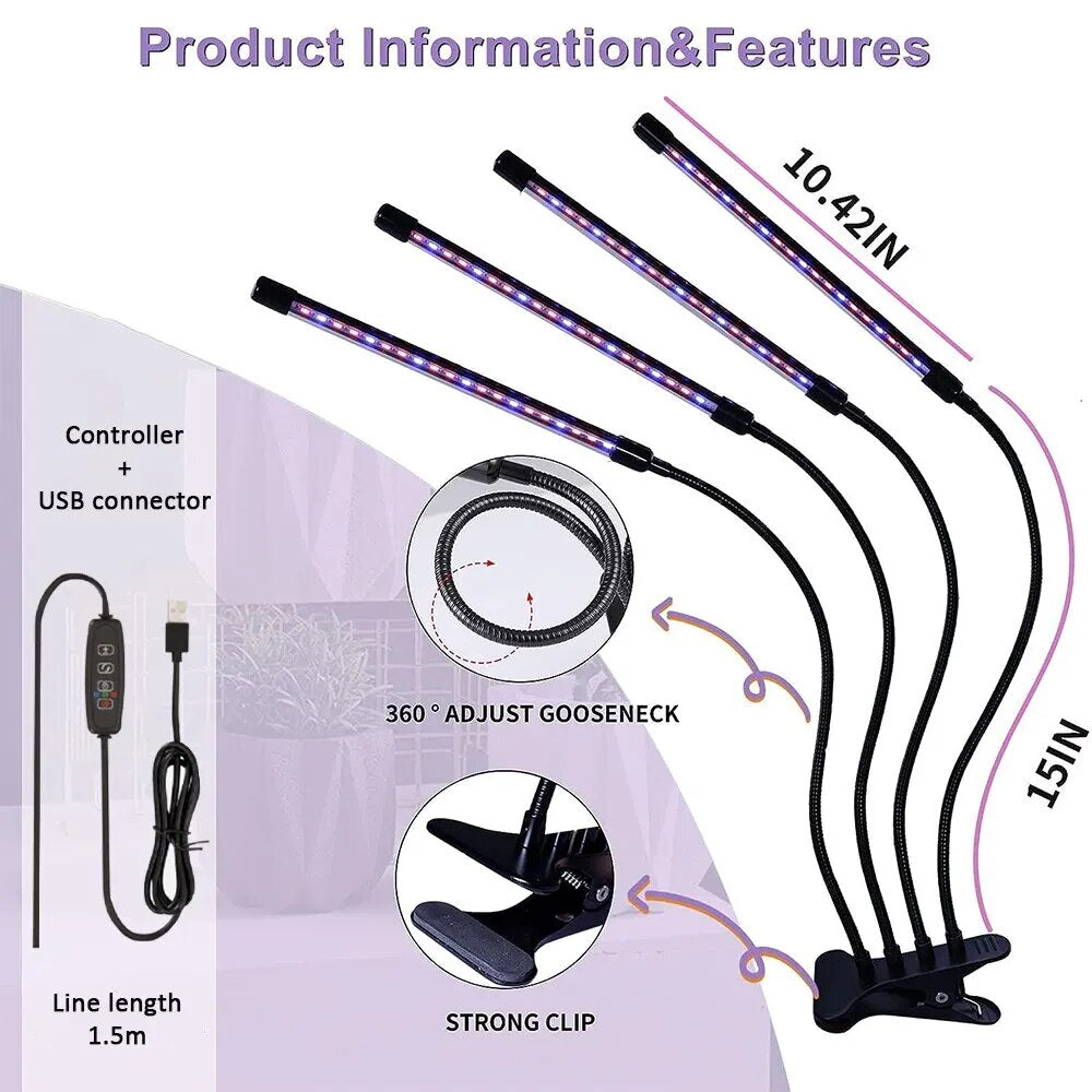 Full Spectrum LED Plant Grow Light,Adjustable Gooseneck, 9 Dimmable Levels, 3 / 9 / 12H Timer