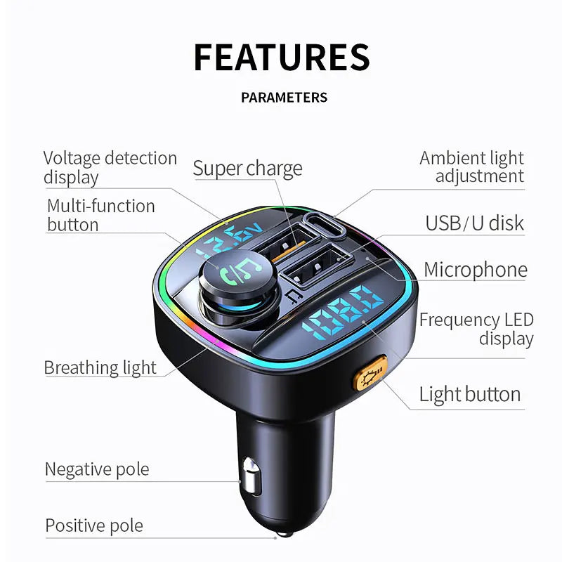 Transmetteur FM Bluetooth 5.0, modulateur d'autoradio mains libres, lecteur MP3 avec USB 22.5W, adaptateur de Charge Super rapide pour voiture