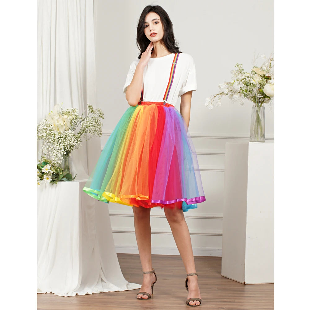 Jupe courte colorée arc-en-ciel pour femmes, bande élastique haute, 5 couches, Tulle doux, Tutu Crinoline, sous-jupe, robe de bal pour filles