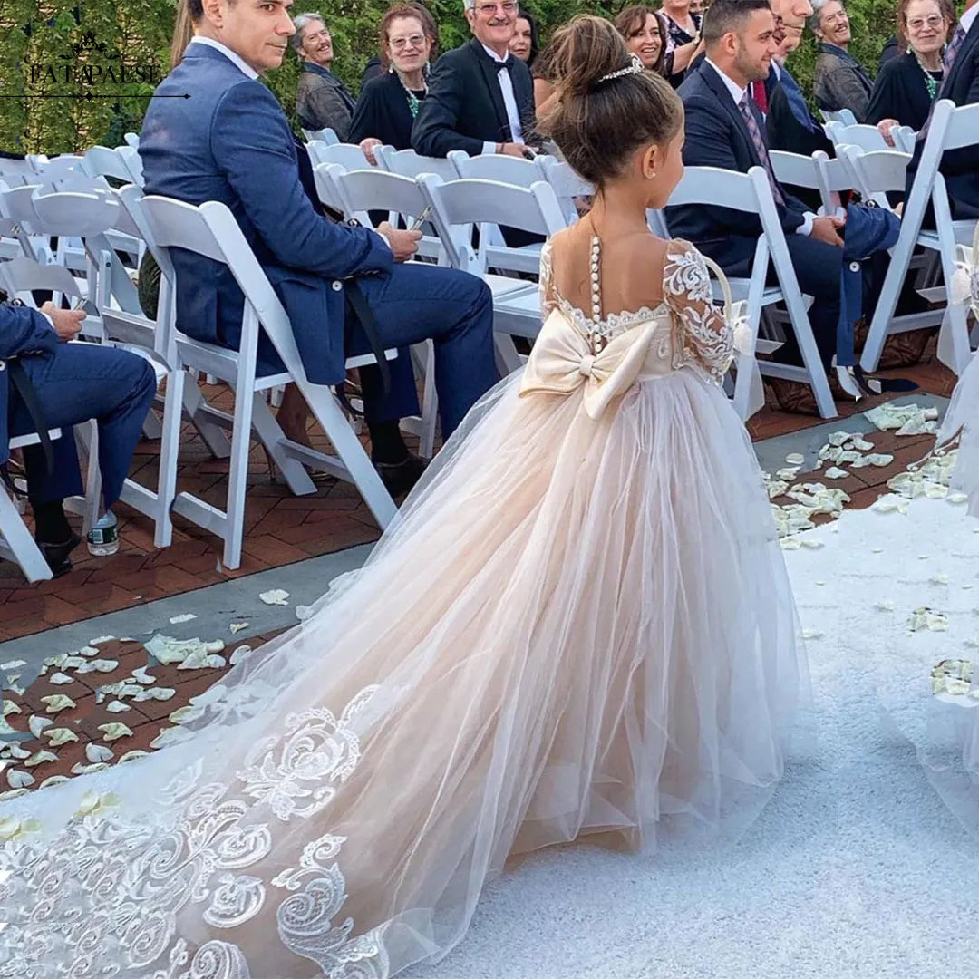 Robe de demoiselle d'honneur en dentelle et Tulle pour filles de 3 à 9 ans, avec boutons et nœuds, robe de bal de première Communion pour enfants, robe de demoiselle d'honneur pour fête de mariage