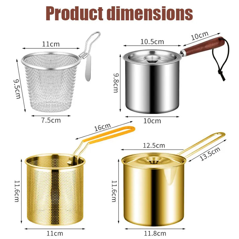 Wood Handle Kitchen Deep Frying Pot With Strainer Basket Stainless Steel Tempura French Fries Fryer Pot Chicken Fried Pan Cooker