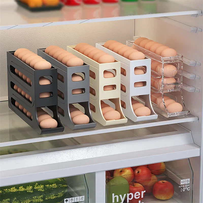 Caja de almacenamiento de huevos para refrigerador, soporte para huevos con desplazamiento automático, gran capacidad, organizador de almacenamiento de huevos rodante dedicado para Cocina