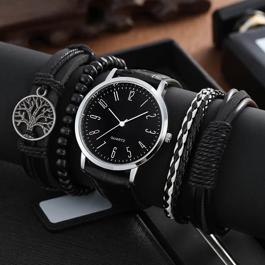 5pcs Black Quartz Watches Bracelet Men Business Casual Round Watch Life Tree PU Leather Bracelets Sets