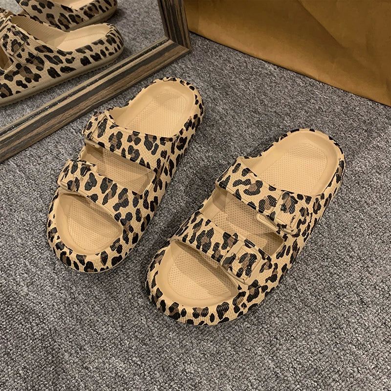 Summer Slippers Women's Leopard Print Platform Slippers Casual Thick Sole Indoor and Outdoor Sandals Couple Beach Shoes