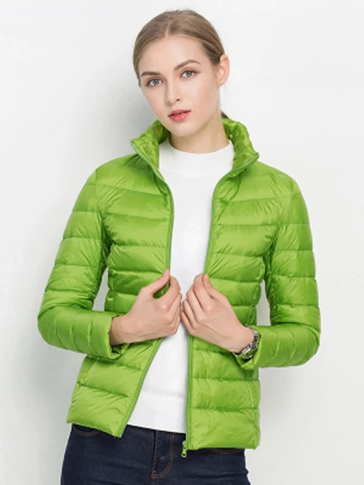 Abrigo de invierno para mujer, chaqueta de plumón de pato blanca ultraligera, chaqueta acolchada de invierno ajustada para mujer, abrigo portátil a prueba de viento 7XL 2023