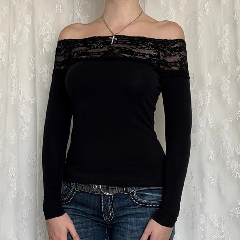 CIBBAR Black Lace Stitched Slash Neck Crop Top Elegant Sexy Skinny Long Sleeve T Shirts for Women Harajuku Y2k Autumn Tees Basic