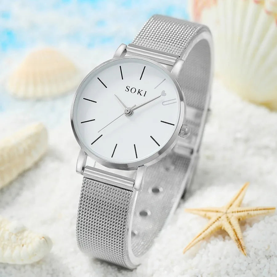 6pc Simple Silver Quartz Watch With Bracelet For Women Casual Fashion Round Simple Silver Watch Dainty Wheat Bracelets Set