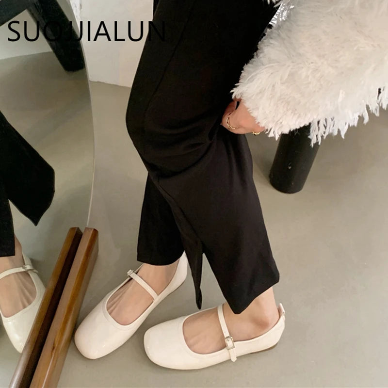 SUOJIALUN 2023 été nouvelles femmes Mary Jane chaussures doux décontracté robe d'extérieur plat chaussures de Ballet bout rond peu profond sans lacet chaussures plates