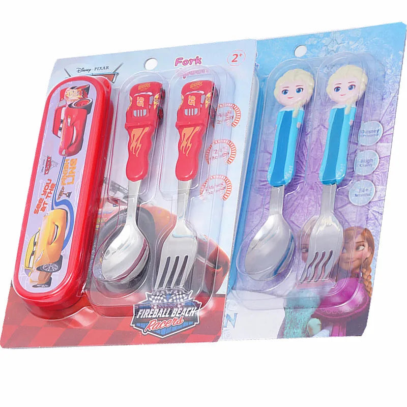 Disney Frozen Elsa Princess Spoon Baby Feeding Cute Mickey 3D Cartoon Kids Spoon and Fork Set Travel Cutlery Set Utensils Metal