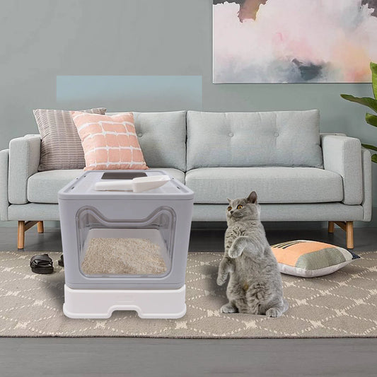 Caja de arena plegable para gatos, bandeja cubierta, inodoro para mascotas y gatitos con pala para arena para gatos, protección de seguridad gris con filtro