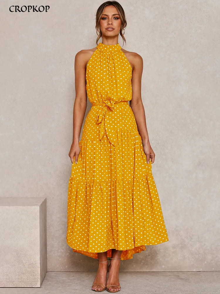 Robe longue d'été à pois, tenue décontractée, noire, Sexy, col licou, sans bretelles, jaune, vêtements de vacances pour femmes, nouvelle collection 2022