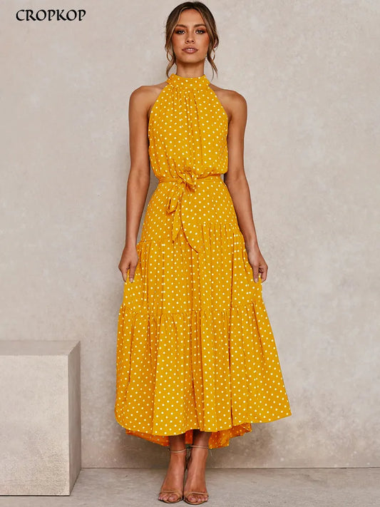 Robe longue d'été à pois, tenue décontractée, noire, Sexy, col licou, sans bretelles, jaune, vêtements de vacances pour femmes, nouvelle collection 2022