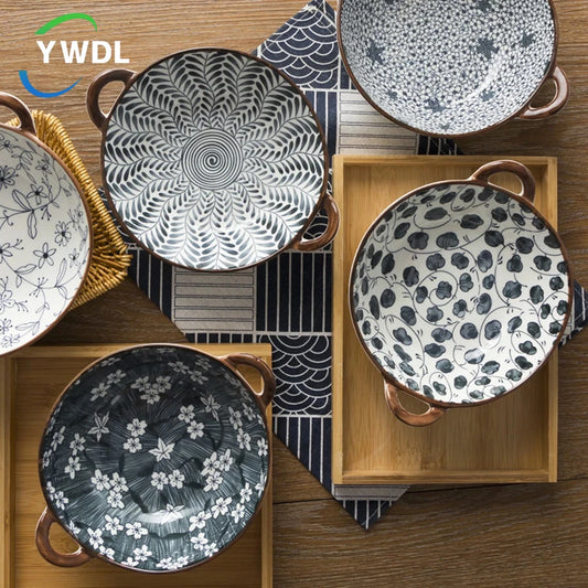 YWDL 780ml Japanese Soup Bowl With Handle Ceramic Salad Bowl Kitchen Tableware Pasta Dish Bowl Microwave Oven Bakware Pan