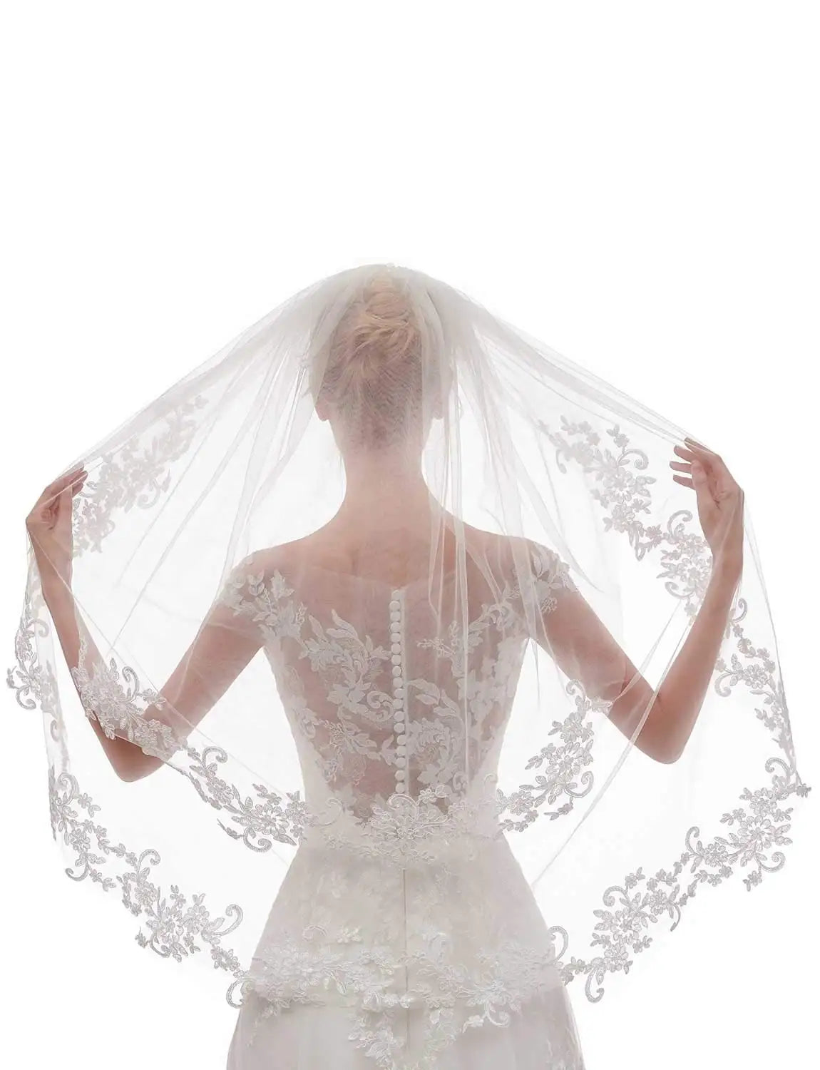 Voile de mariée court en dentelle à 2 niveaux pour femmes avec peigne