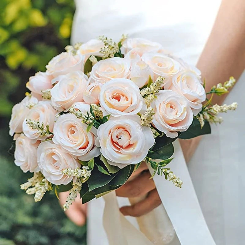 Ramo de novia para dama de honor, flores de seda blancas, rosas artificiales hechas a mano, accesorios de boda