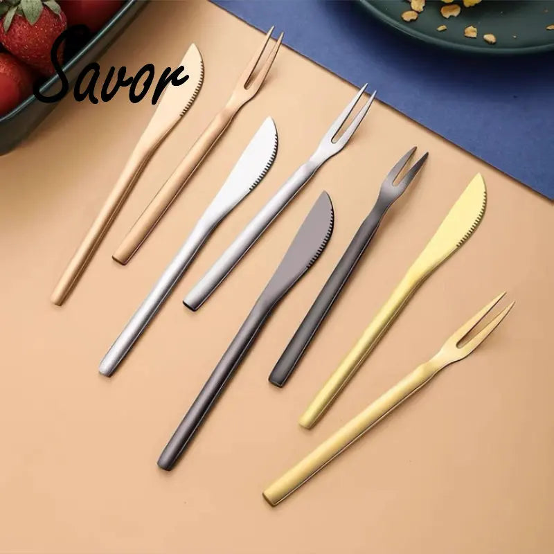 Stainless steel moon cake knife fork dessert small  golden two tooth fruit