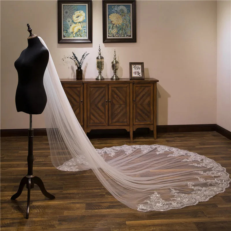 Voile de mariée cathédrale blanc ivoire, 3x3 mètres, avec Appliques en dentelle, vente en gros