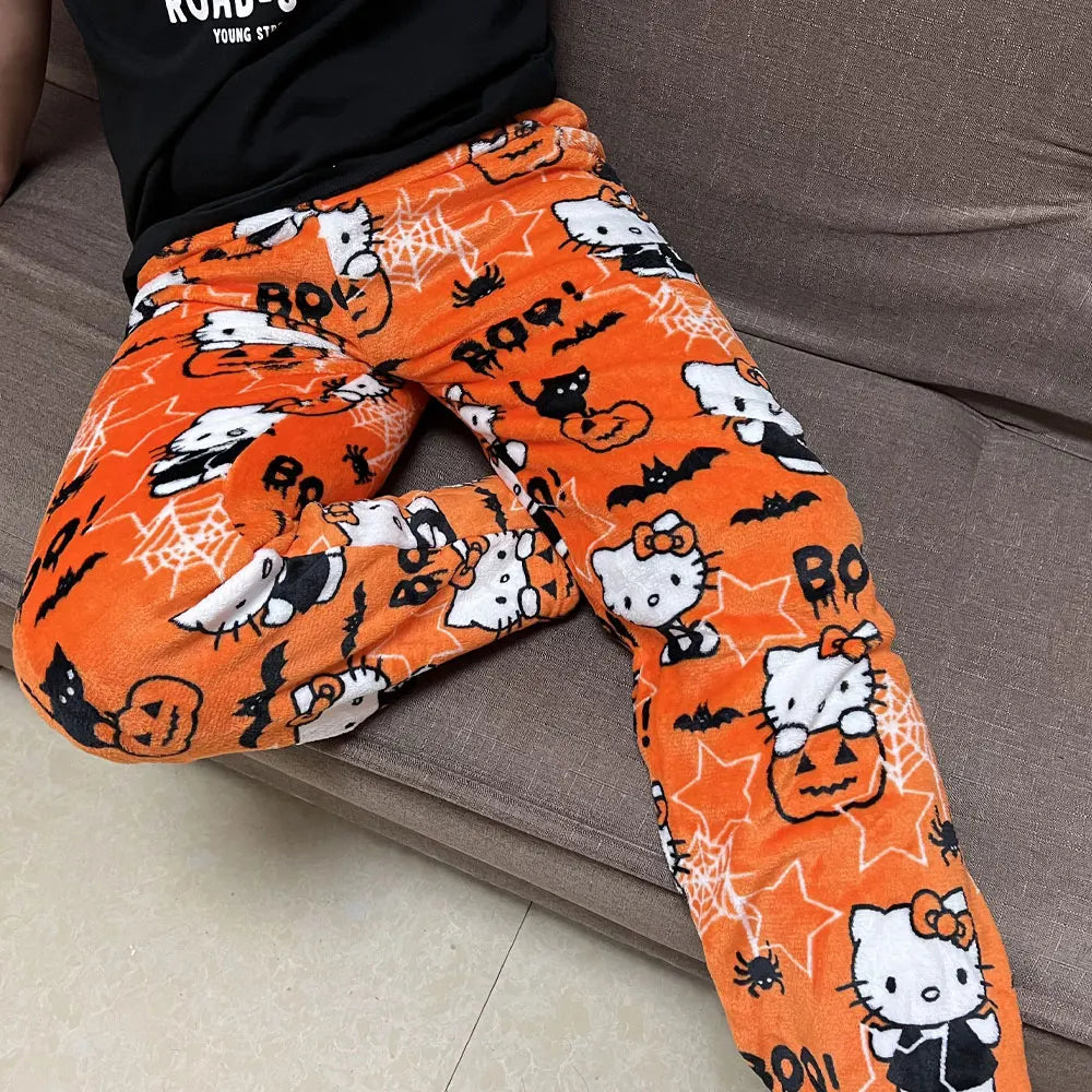 Sanrio Hello Kitty-pijamas de franela para mujer, pantalones de casa informales de lana cálidos con dibujos animados, color negro, moda Otoño Invierno