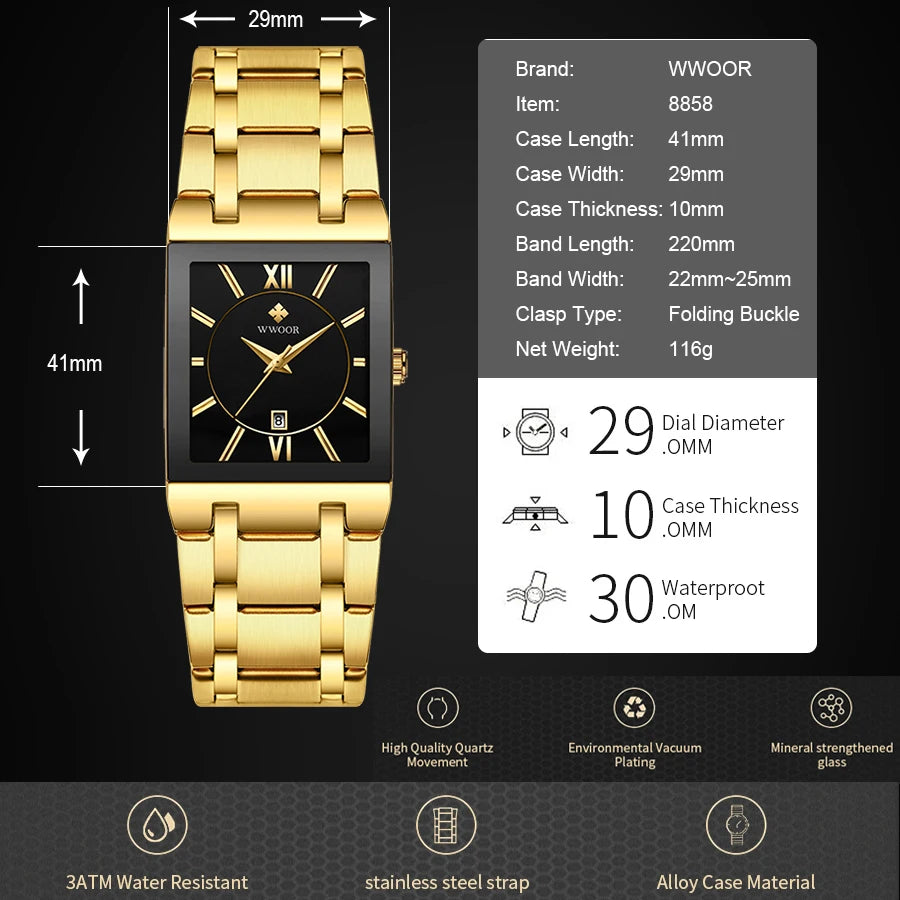 Reloj Masculino WWOOR, reloj dorado cuadrado para hombre, relojes de marca superior de lujo, reloj de pulsera resistente al agua de acero inoxidable de cuarzo dorado