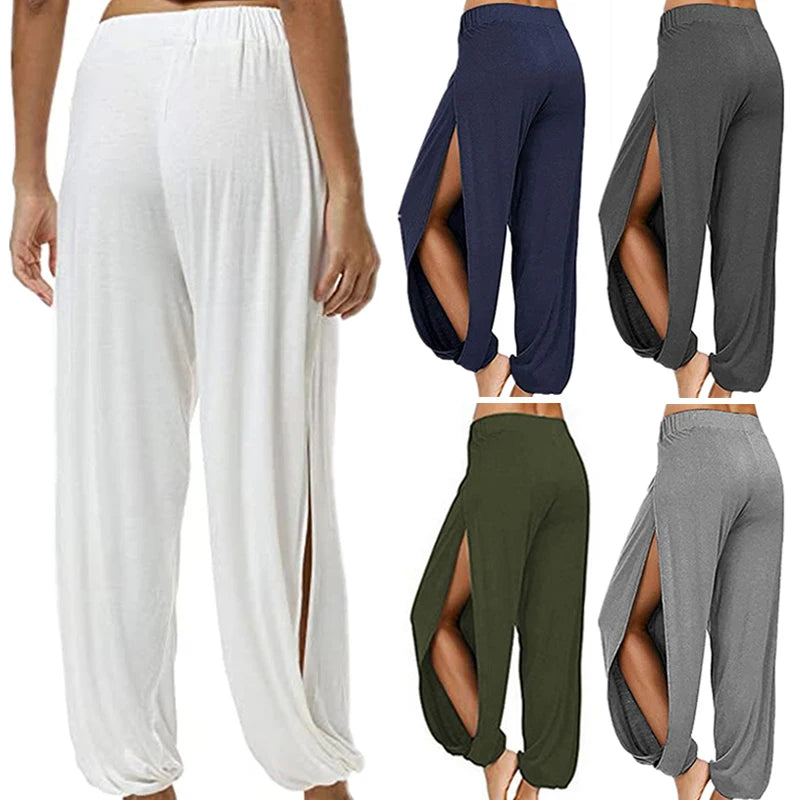 Pantalon de Yoga pour femmes, taille haute, fente large, Haren, Leggings de gymnastique, décontracté, solide, creux, pantalon d'entraînement, vêtements de maison