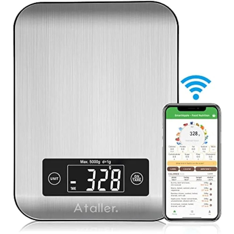 Báscula de nutrición de alimentos inteligente, báscula de cocina digital Bluetooth, pantalla LCD grande, acero inoxidable 304, graduación 1 g, máximo 5 kg 11 Ib