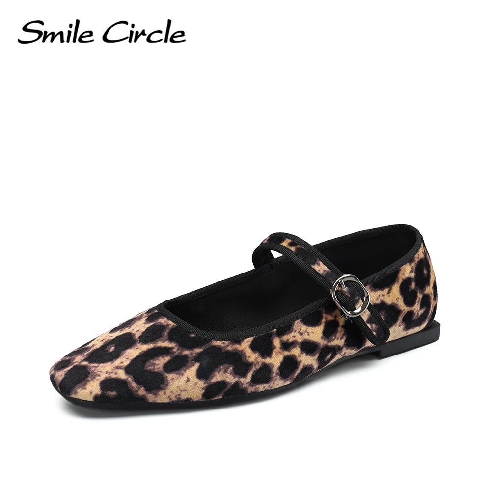 Smile Circle Velvet Mary Jane Ballet Flats Zapatos de mujer con estampado de leopardo cómodos y suaves zapatos planos con punta redonda para mujer