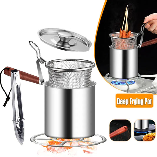 Wood Handle Kitchen Deep Frying Pot With Strainer Basket Stainless Steel Tempura French Fries Fryer Pot Chicken Fried Pan Cooker