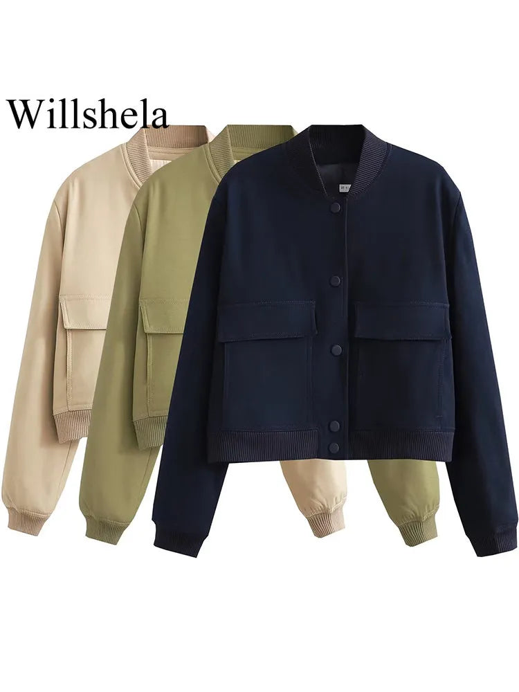 Willshela femmes mode solide Bomber vestes manteau avec poches col en v simple boutonnage manches longues femme Chic dame tenues