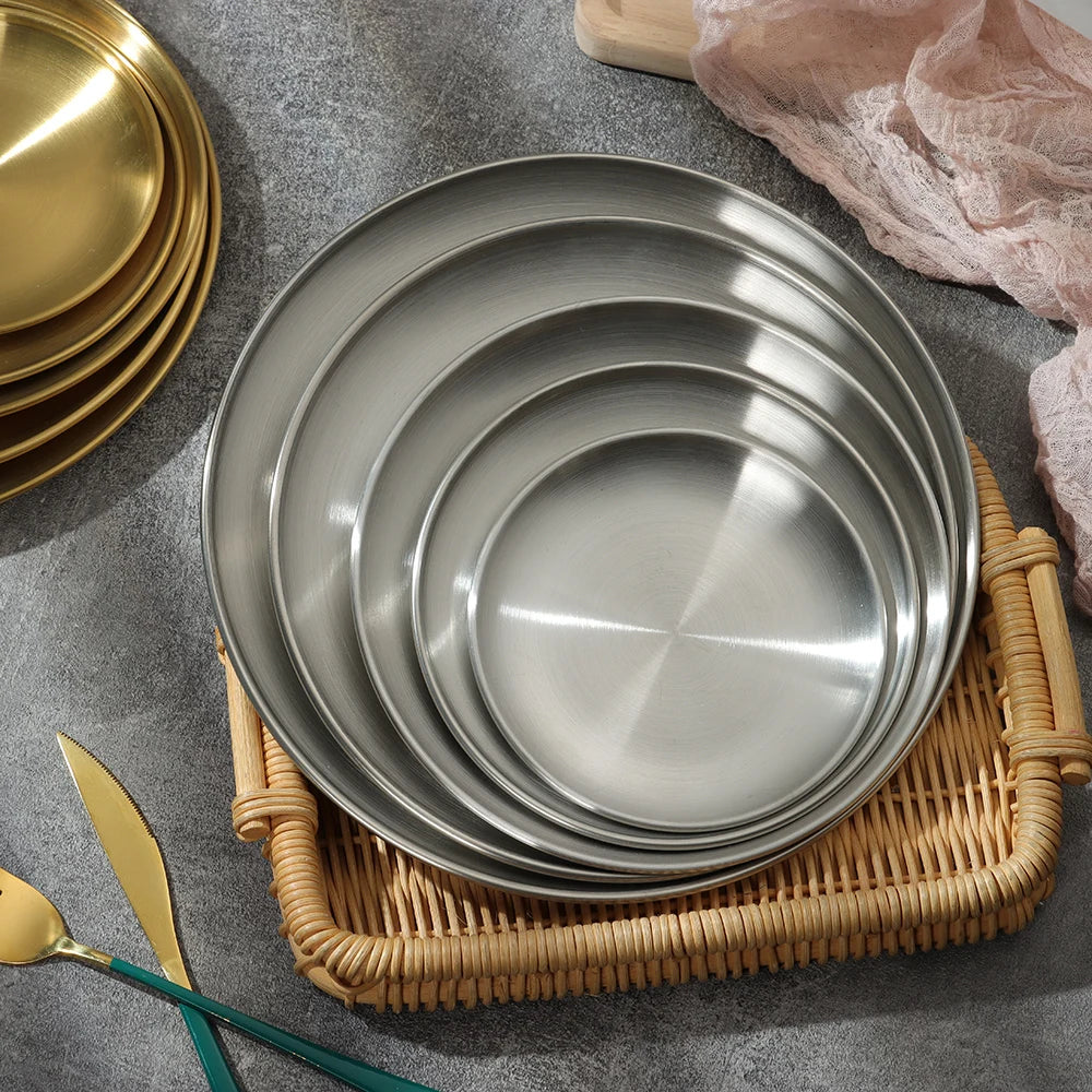 Stainless Steel Plate Set, 2 Pieces, Easy to Clean, Luxury Metal Round Serving Tray