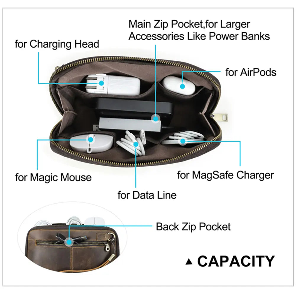 Organizador portátil de gran capacidad para dispositivos electrónicos, de cuero genuino, estilo retro, hecho a mano, con USB, contenedor de cables, bolsa de viaje